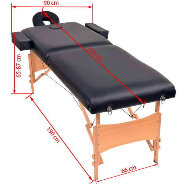 vidaXL foldbart massagebord med skammel 2 zoner 10 cm tyk hynde sort