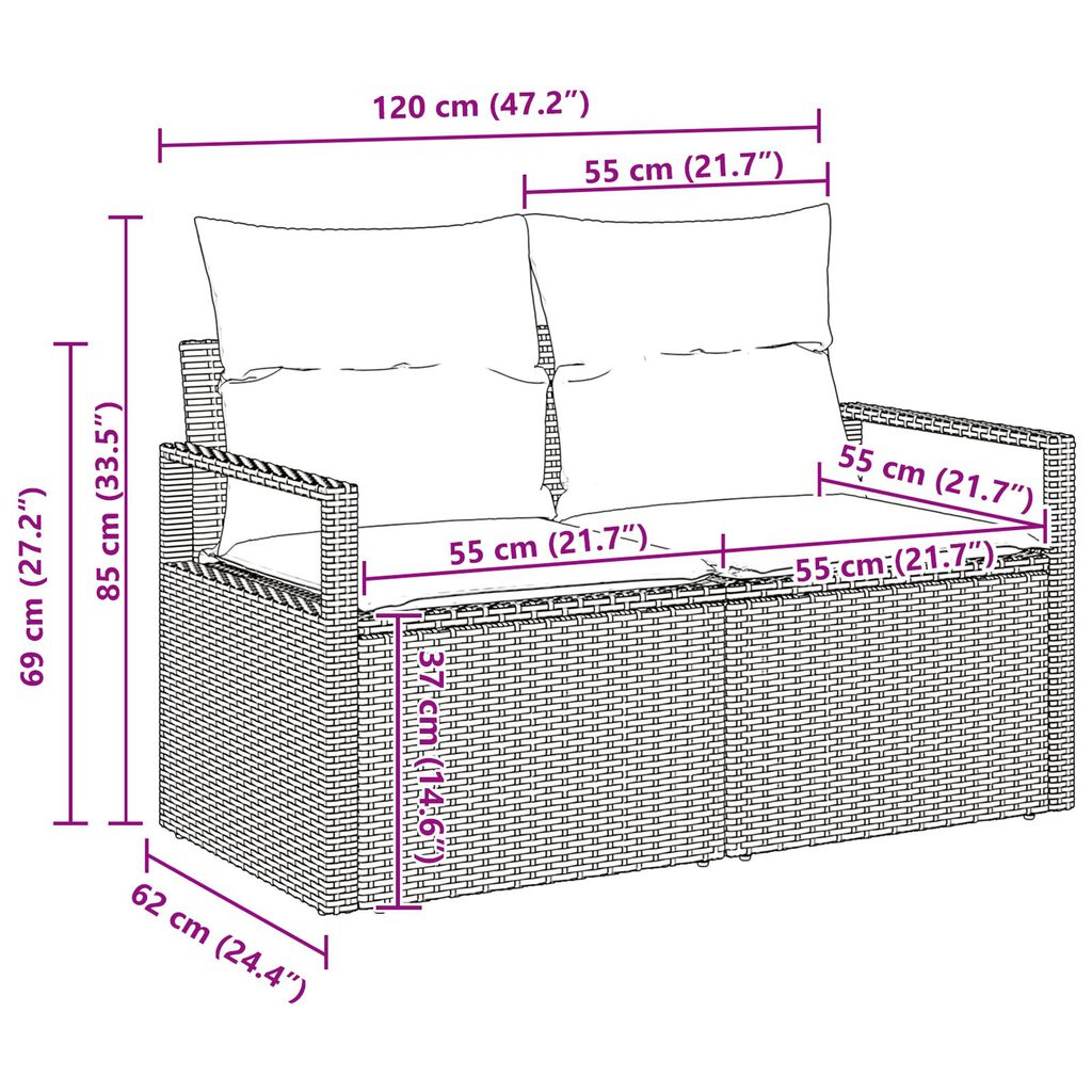 vidaXL 7-delt havemøbel sæt med puder lysegrå poly rattan&&vidaXL 2-personers havemøbel med puder grå poly rattan