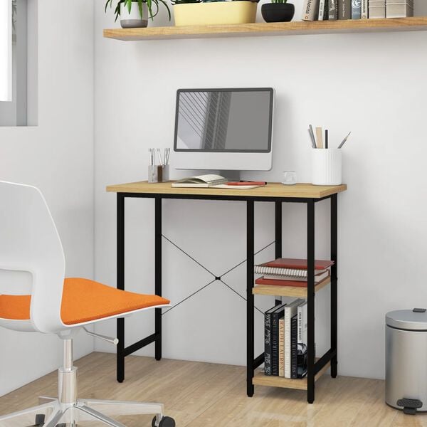 vidaXL computerbord 80x40x72 cm MDF og metal sort og lys egetræsfarve