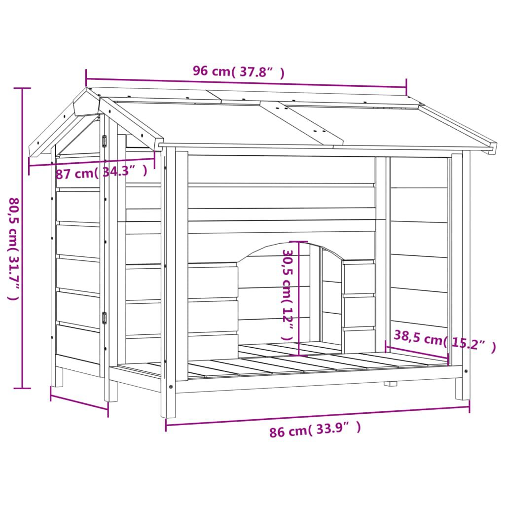 vidaXL hundehus 96x87x80,5 cm massivt fyrretræ brun