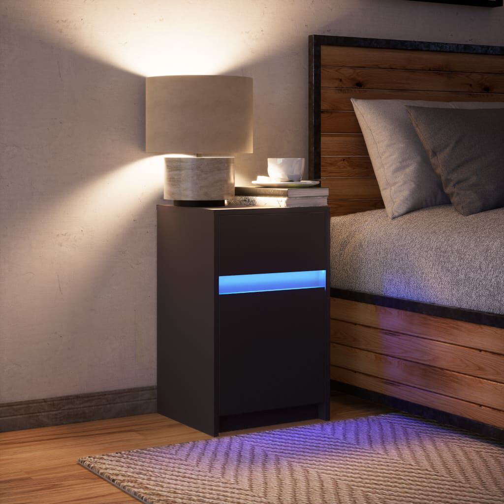 vidaXL sengebord med LED-lys konstrueret træ sort